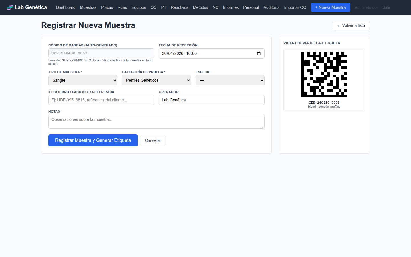 Registro de muestra