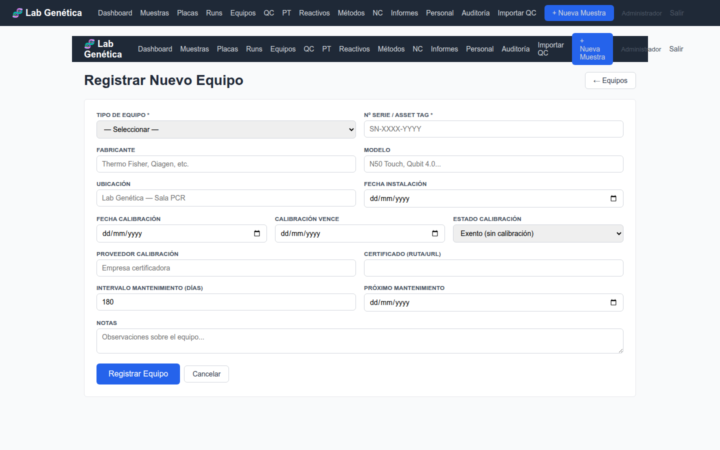 Registro de equipo